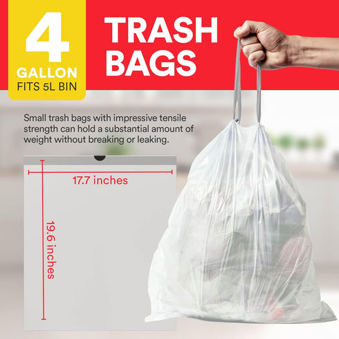 Small Trash Bags 4 Gallon Drawstring - 57 White Unscented Garbage Bags | Plastic Trash Can Liners for Bathroom Cleaning