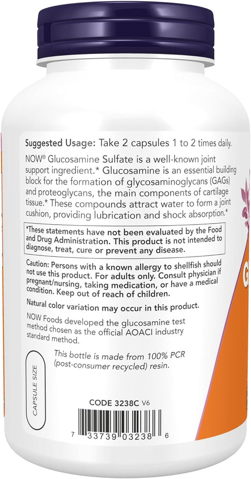 NOW Supplements Glucosamine Sulfate 750 mg, 240 Veg Capsules with UL Dietary Supplement Certification