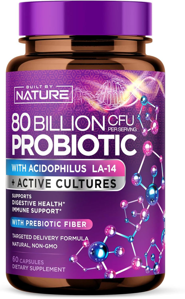 80 Billion CFU Probiotic - Daily Digestive Supplement for Men & Women, Non-GMO, Gluten & Dairy Free, 60 Capsules
