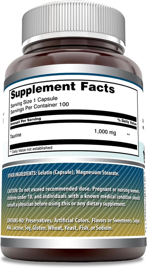 Amazing Formulas Taurine Amino Acid Supplement | 1000 Mg Per Serving | 100 Capsules | Non-GMO | Gluten-Free | Made in USA | Pack of 3
