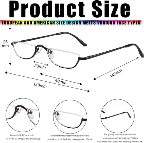 Viseng 2 Pairs Half Frame Reading Glasses, Slim Half Moon Lens Readers for Women Men, Metal Semi Rimless +2.0