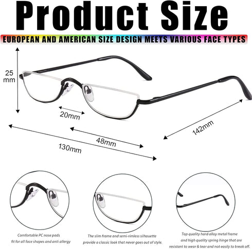 Viseng 2 Pairs Half Frame Reading Glasses, Slim Half Moon Lens Readers, Metal Semi Rimless Eyewear +1.0