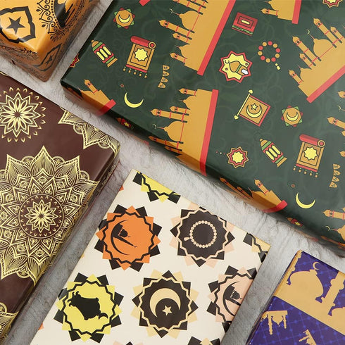 Apol Vintage Gift Wrapping Paper, Ramadan Eid Mubarak Blue Castle Stars Moon Retro Flower, 6 Folded Sheets