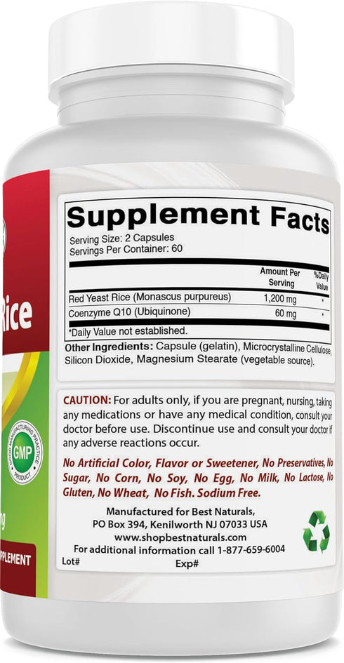 Best Naturals Red Yeast Rice with CoQ10, 120 Capsules, Cardiovascular Formula, 600 mg Red Yeast Rice