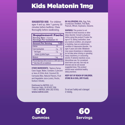 Natrol Kids Melatonin 1mg, 60 Raspberry-Flavored Sleep Gummies for Restful Sleep, 60 Day Supply for Children