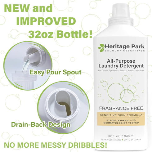 Heritage Park All-Purpose Fragrance Free, Hypoallergenic, pH-Neutral Laundry Detergent – Dermatologist-tested, Sensitive Skin-Friendly, Stain-Fighting Enzymes, Concentrated Up to 64 loads (32 fl oz)