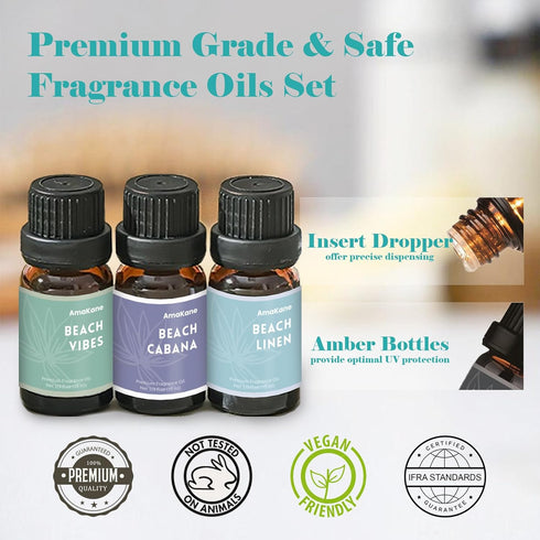 Set, Summer Sunset 6x10ml AmaKane Beach Fragrance Oil Essential Oils for Diffuser for Home, Candle Soap Making Scents