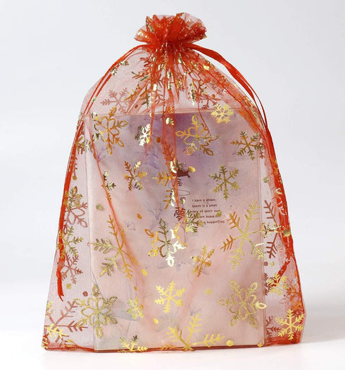 SUNGULF 100pcs Organza Pouch Bag, 6"x9" Drawstring Gift Candy Bag for Jewelry Party Wedding Favor (Red Snowflake)