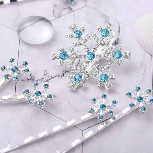 Lurrose Snowflake Hair Clip, 6PCS Rhinestone Bridal Hairpin, Blue Snowflake Hair Barrettes for Wedding and Christmas