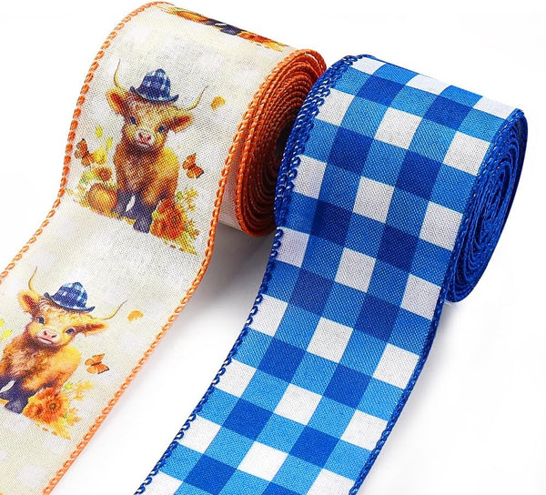 2 Rolls Cute Animal Ribbons for Crafting, Spring Summer Wired Edge Blue Buffalo Plaid for Gift Wrapping