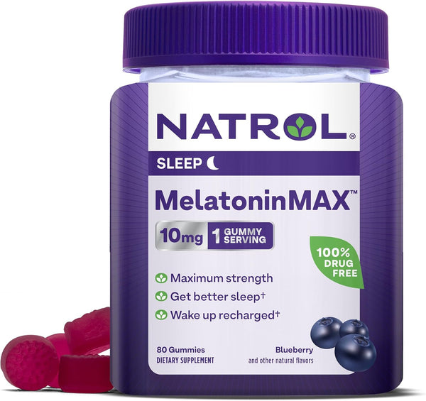 Natrol MelatoninMax Sleep Gummies for Adults, Blueberry Flavor, 10 mg, 80 Count, Up to 80 Day Supply