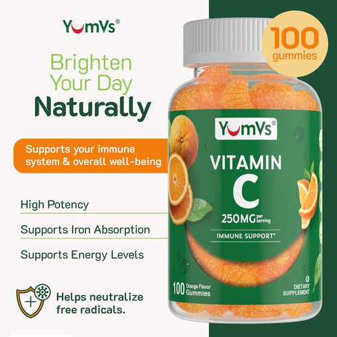 YumVs Vitamin C Gummies for Adults - 250 mg Orange Flavored Chewable Immune Gummies - Kosher, Halal, Gluten Free (200
