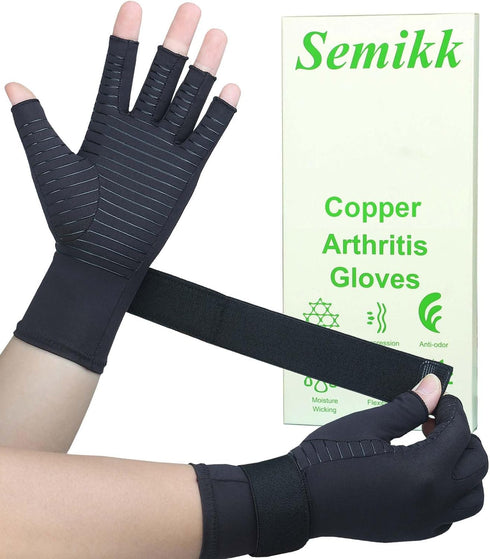 Copper Arthritis Gloves - Fingerless Compression Gloves with Adjustable Wrist Strap for Pain Relief (Large/X-Large)