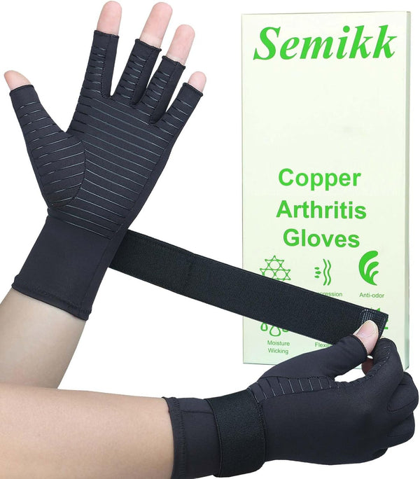 Copper Arthritis Gloves - Fingerless Compression Gloves with Adjustable Wrist Strap for Pain Relief (Large/X-Large)