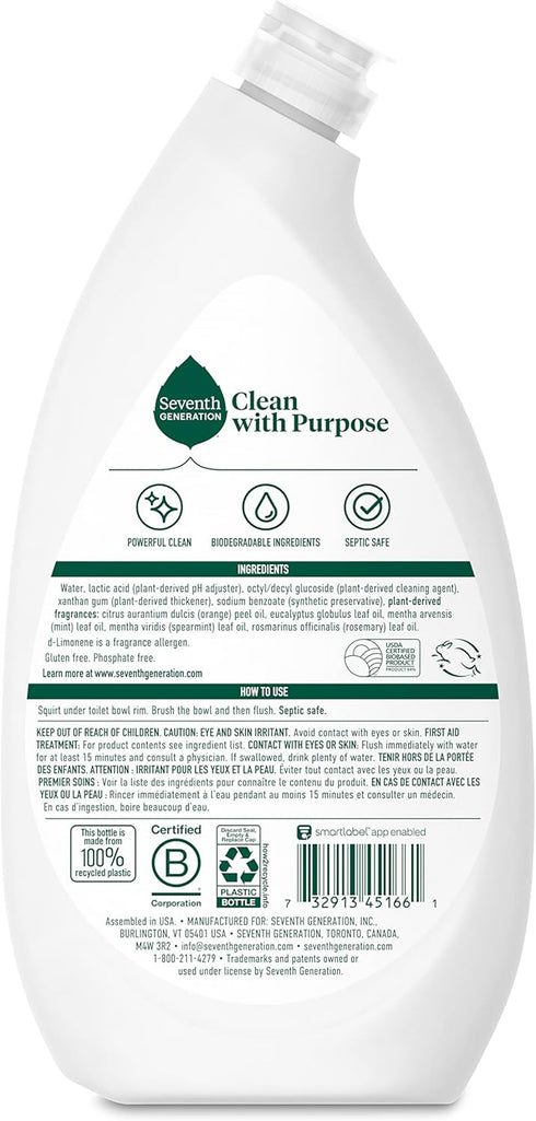 Seventh Generation Toilet Bowl Cleaner, Fresh Mint Scent, Fights Tough Stains, 24 Fl Oz