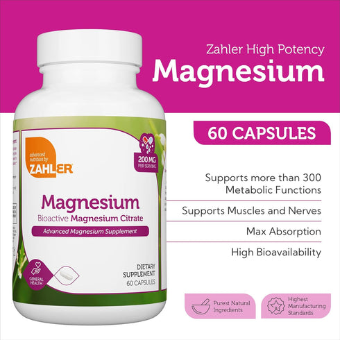Zahler Magnesium Supplement Capsules 200 mg (60 Count) - Certified Kosher Bioactive Magnesium Citrate