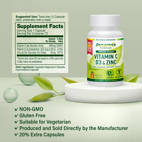 Immunity Immune Boost Supplement – Vitamin C D3 Zinc Blended 72 Veggie Capsules Immune Support Antioxidant Supplement