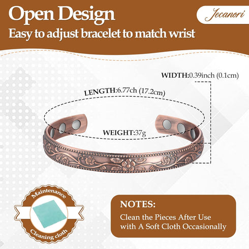 2Pcs Magnetic Copper Bracelets for Women, Vintage Flower 99.99% Pure Copper Cuff Jewelry with 3500 Gauss Magnets