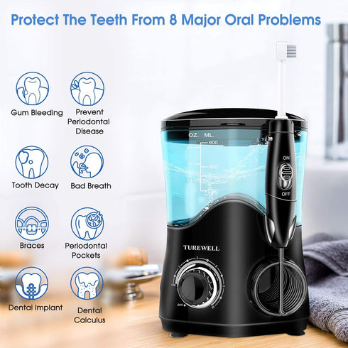 TUREWELL FC162 Water Dental Flosser for Teeth/Braces - 10 Pressure Levels, 8 Water Jet Tips, 600ML Electric Irrigator