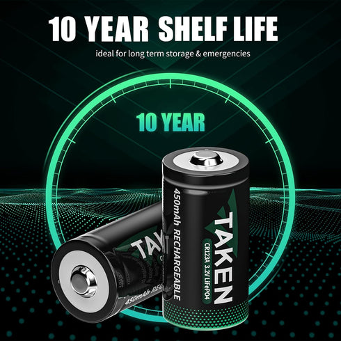 Taken 123 Batteries, 4 Pack 3V Lithium Rechargeable, 2000+ Cycles, 10 Years Shelf Life for Smoke Detector