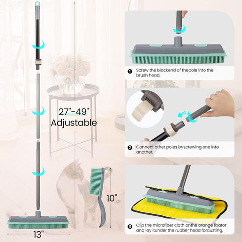 Conliwell Rubber Broom Carpet Rake for Pet Hair, Portable Detailing Lint Remover Brush with Squeegee