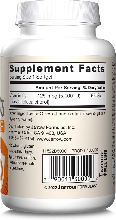 Jarrow Formulas Vitamin D3 125 mcg (5000 IU), 100 Servings, Bone Health, Immune Support, Gluten Free