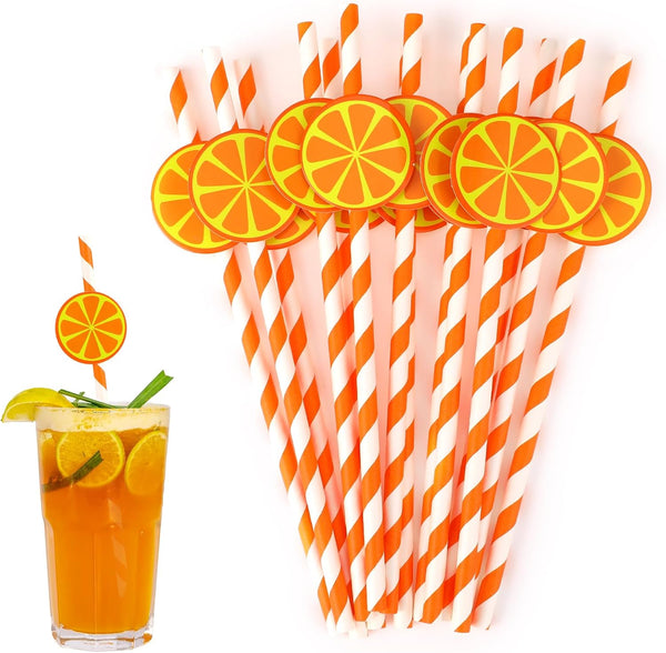 Zyghjort Orange Straws, 30 PCS Orange Striped Paper Straws Disposable Striped Straws Orange