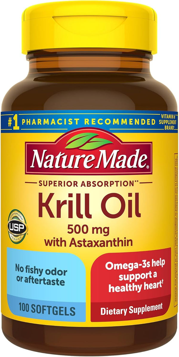 Nature Made Krill Oil 500mg, Superior Absorption with Astaxanthin, Omega 3s for Heart Health, 100 Softgels