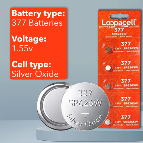 LOOPACELL 377/376 SR626W SR626SW (Pack 5) 1.55V / / / Silver Oxide Watch Batteries of - Long Lasting Coin Cell Battery