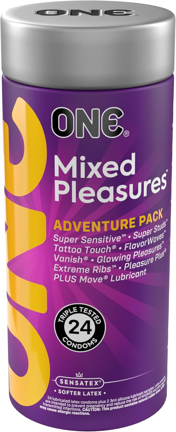 ONE Condoms Mixed Pleasures Variety Pack | Ultra Thin, Glowing, Flavored, and