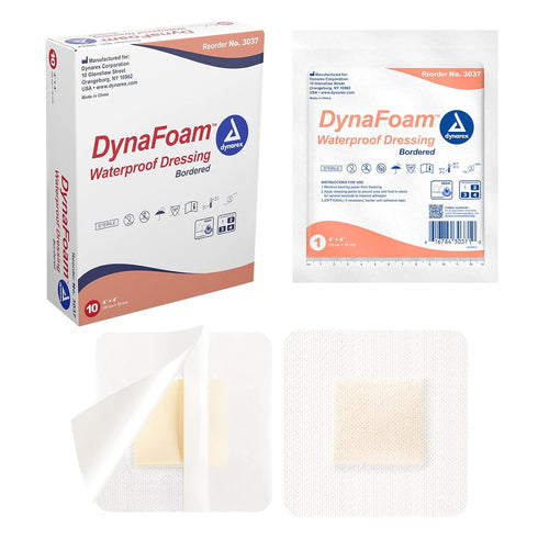 Dynarex Dynafoam Waterproof Bordered Adhesive Foam Wound Dressing Bandage, 10 Count, 4" x 4"