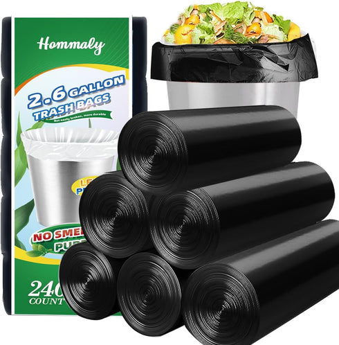 Hommaly 2.6 Gallon 240 pcs Small Black Trash Bags, Strong Garbage Bags,
