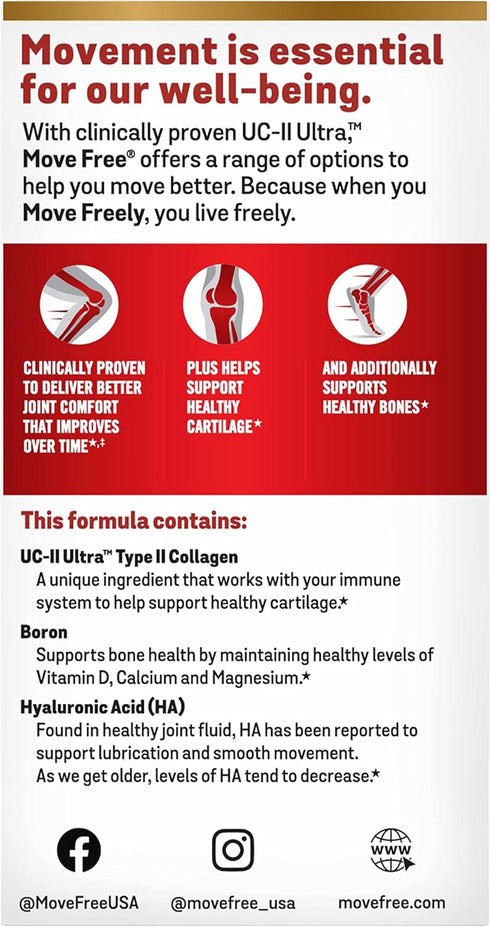 Move Free Ultra Triple Action Joint Support Supplement, 64 Tablets - Type II Collagen, Boron & Hyaluronic Acid