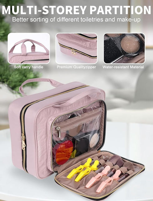 Pink Toiletry Bag Travel with Hanging Hook, Water-resistant Cosmetic Makeup Organizer for Full Sized Toiletries