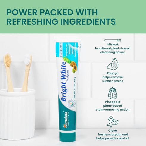 Himalaya Bright White Toothpaste, Fluoride Free, 6.17 oz, Reduces Plaque & Whitens Teeth