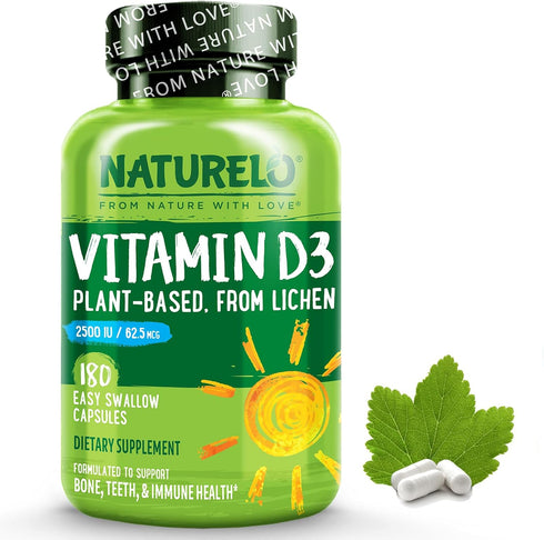 NATURELO Vitamin D 2500 IU - Plant Based from Lichen, Natural D3 Supplement for Immune System & Bone Support (180 Mini