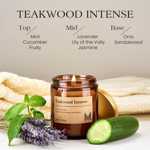 Set M&SENSE Teakwood Intense Scented Christmas Candle Gift, Aromatherapy Candle for Women, Soy Wax Candles Home