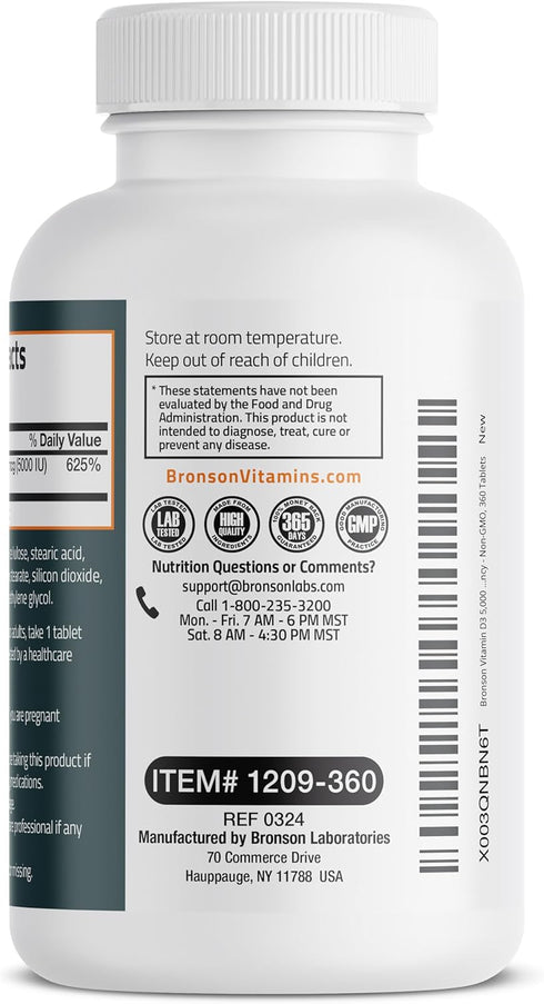Bronson Vitamin D3 5,000 IU (125 MCG), 360 Tablets, 1 Year Supply for Healthy Muscle Function and Immune Support