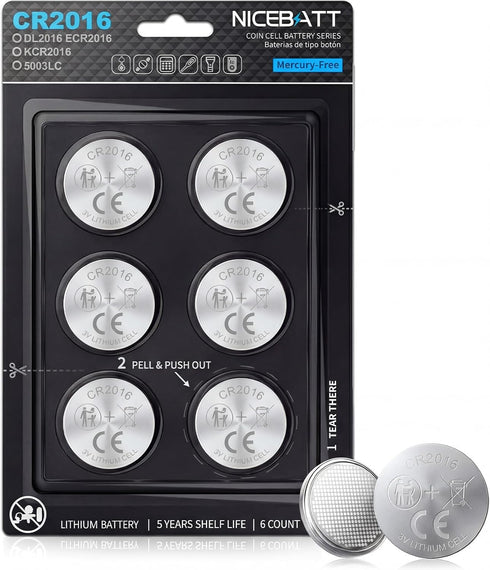 NICEBATT CR2016 3V Lithium Battery 6 Pack, Long Lasting Power for Car Key