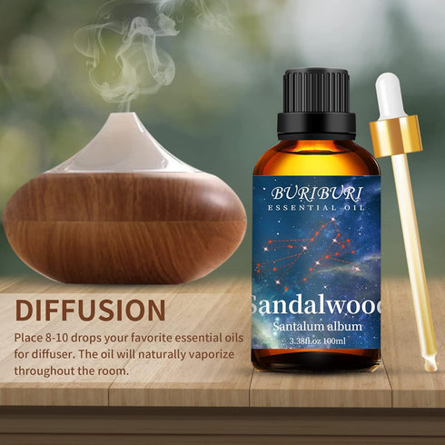 BURIBURI Sandalwood Essential Oil 100ML - 100% Pure Undiluted Aromatherapy Oil for Soap, Candle Making, Diffuser