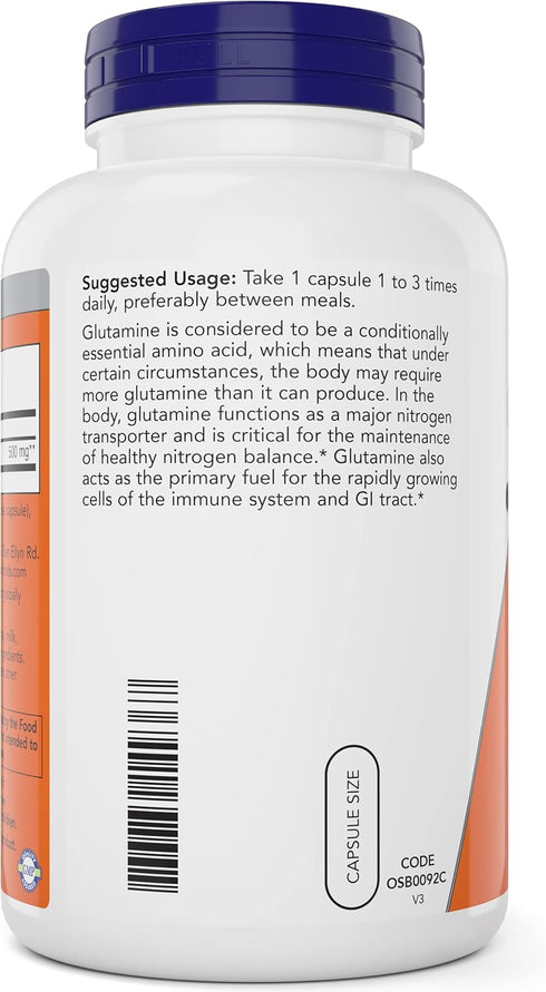 Now L-Glutamine 500mg - 300 Veg Capsules (Pack of 2), Non-GMO Vegan Supplement
