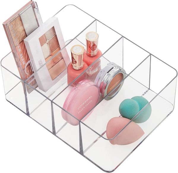 STORi Clear Plastic Organizer with 4 Compartments | Rectangular Makeup Storage Bin | Use Upright for Eyeshadow Palettes