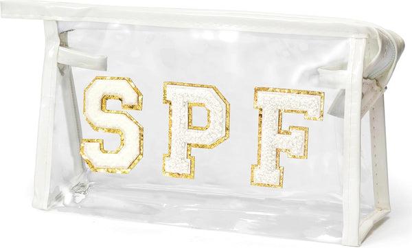 Preppy Patch SPF Clear Cosmetic Bag, Waterproof PVC Toiletry Bag, Multi-Function Zippered Makeup Pouch (White)