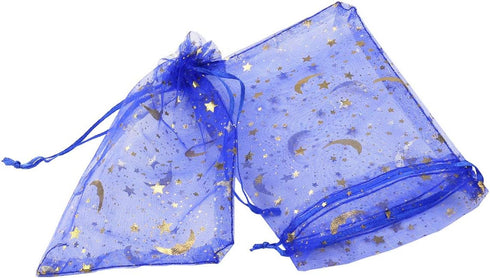 100Pcs 4x6 Inches Sheer Organza Drawstring Pouches with Stars and Moon for Wedding Party Favors