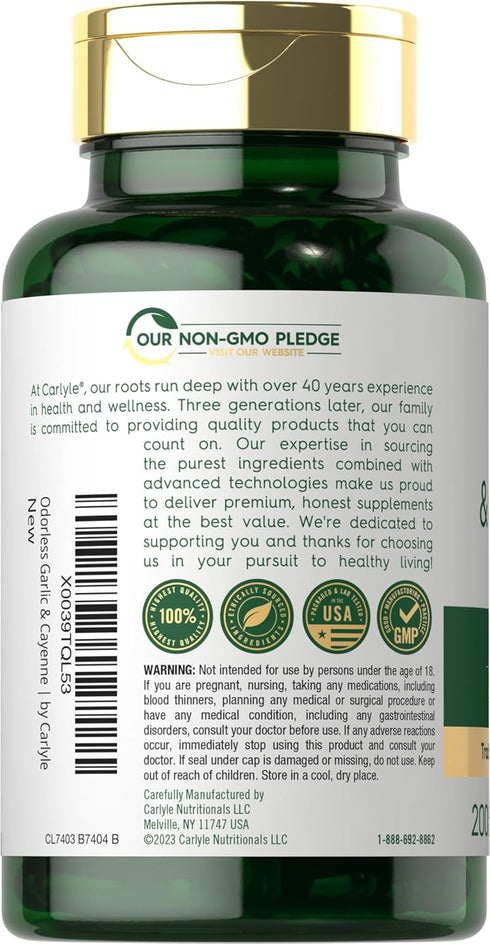 Carlyle Garlic and Cayenne 1150mg | 200 Softgels | Non-GMO, Gluten Free Dietary Supplement