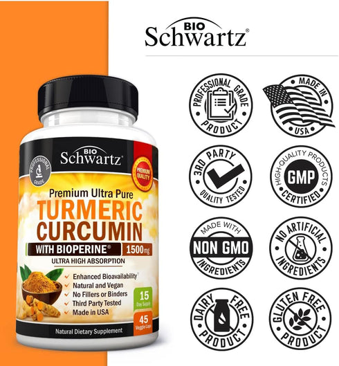 Turmeric Curcumin with Black Pepper Extract 1500mg - High Absorption Ultra Potent Supplement with 95% Curcuminoids - 45