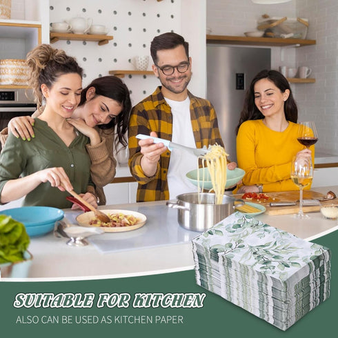 zjdbset 100Pcs Disposable Greenery Guest Napkins Paper Disposable Hand Towels Green Leaves Decorative Paper Dinner Hand