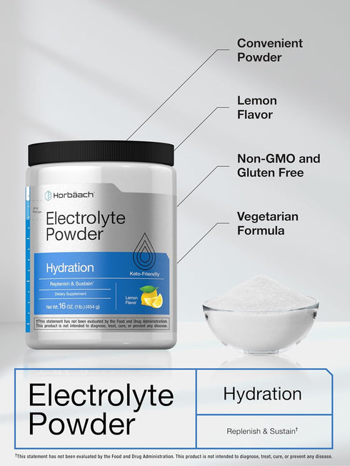 Horbaeach Electrolytes Powder, 16 oz, 130 Servings, Vegetarian, Keto-Friendly, Lemon Flavor