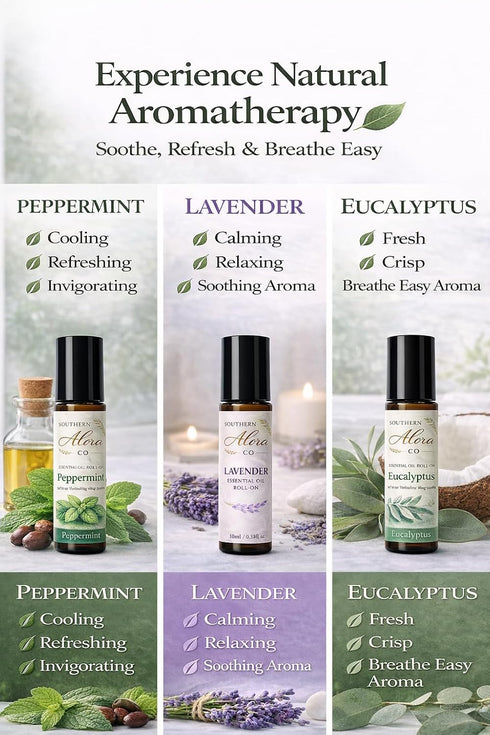 Set Southern Alora Essential Oils Roll On Peppermint, Lavender & Eucalyptus Aromatherapy for Relaxation and Stress