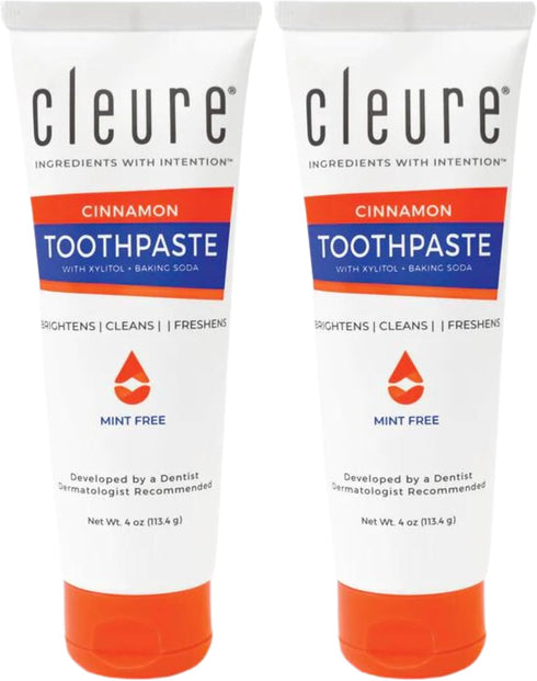 Cleure Cinnamon No Fluoride Toothpaste ¦ SLS Free, Mint Free, Xylitol for Fresh Breath & Whitening - 4oz Tube, Pack of 2